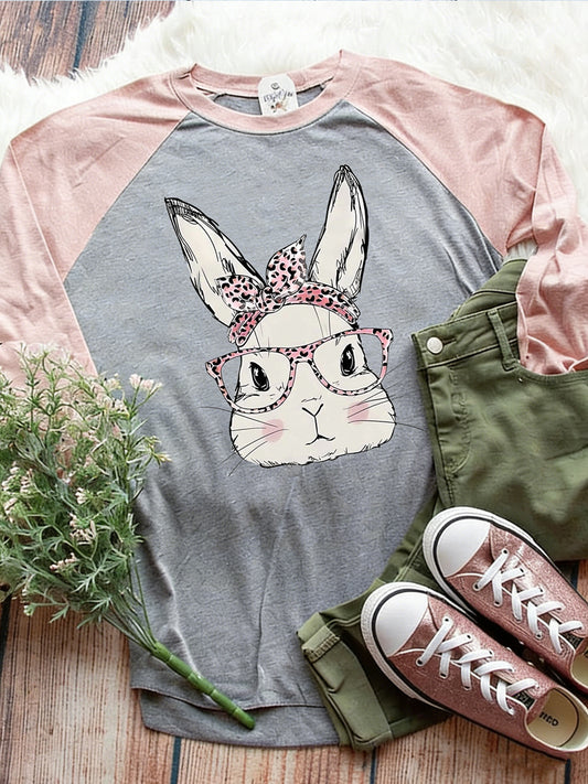 Women's Easter Bunny Animal Print Crew Neck Raglan Sleeve T-Shirt