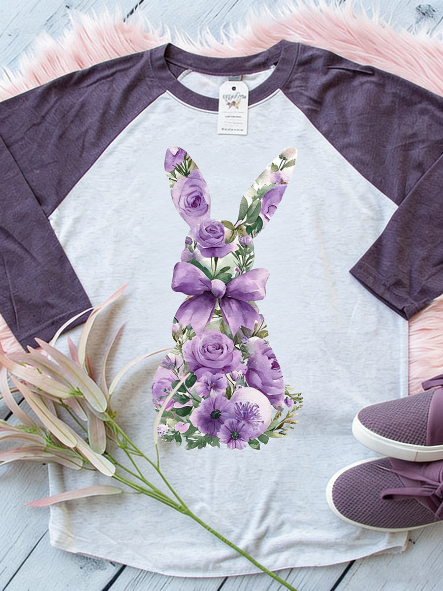 Women's Easter Bunny Animal Print Crew Neck Raglan Sleeve T-Shirt