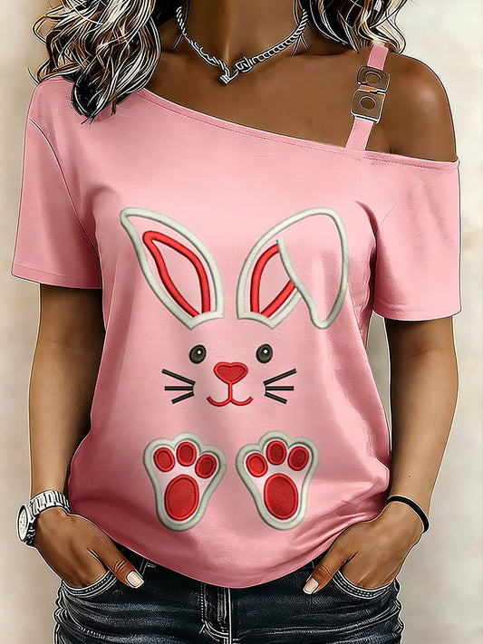 Women's Easter Bunny Printed One Shoulder Casual T-Shirt