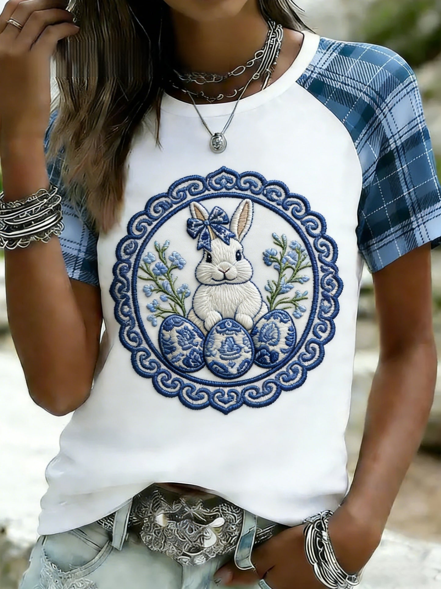 Women's Retro Cute Bunny Easter Casual Short-Sleeve T-Shirt