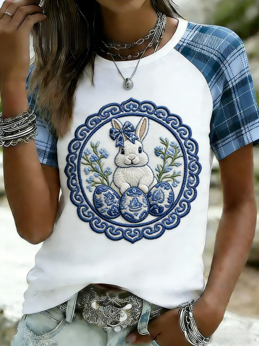 Women's Retro Cute Bunny Easter Casual Short-Sleeve T-Shirt