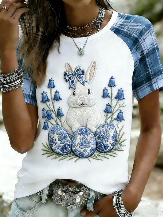 Women's Retro Cute Bunny Easter Casual Short-Sleeve T-Shirt