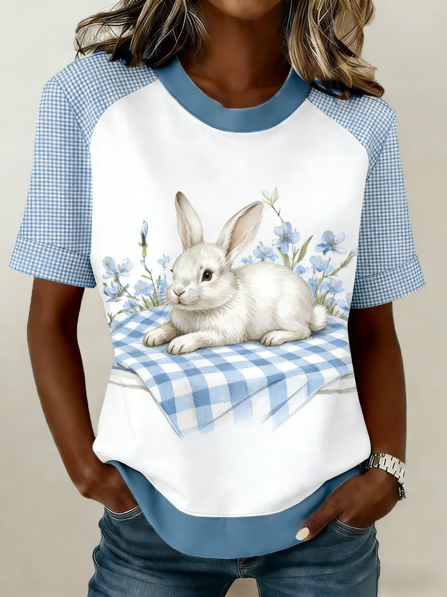 Women's Retro Cute Bunny Easter Casual Short-Sleeve T-Shirt