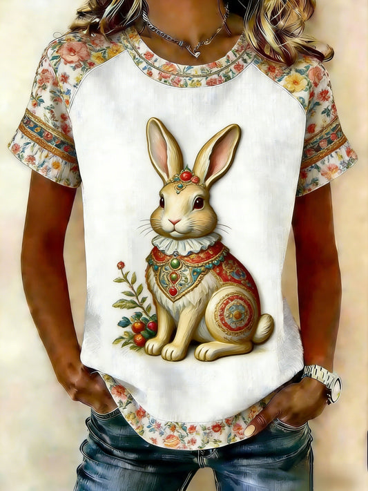Women's Retro Cute Bunny Easter Casual Short-Sleeve T-Shirt