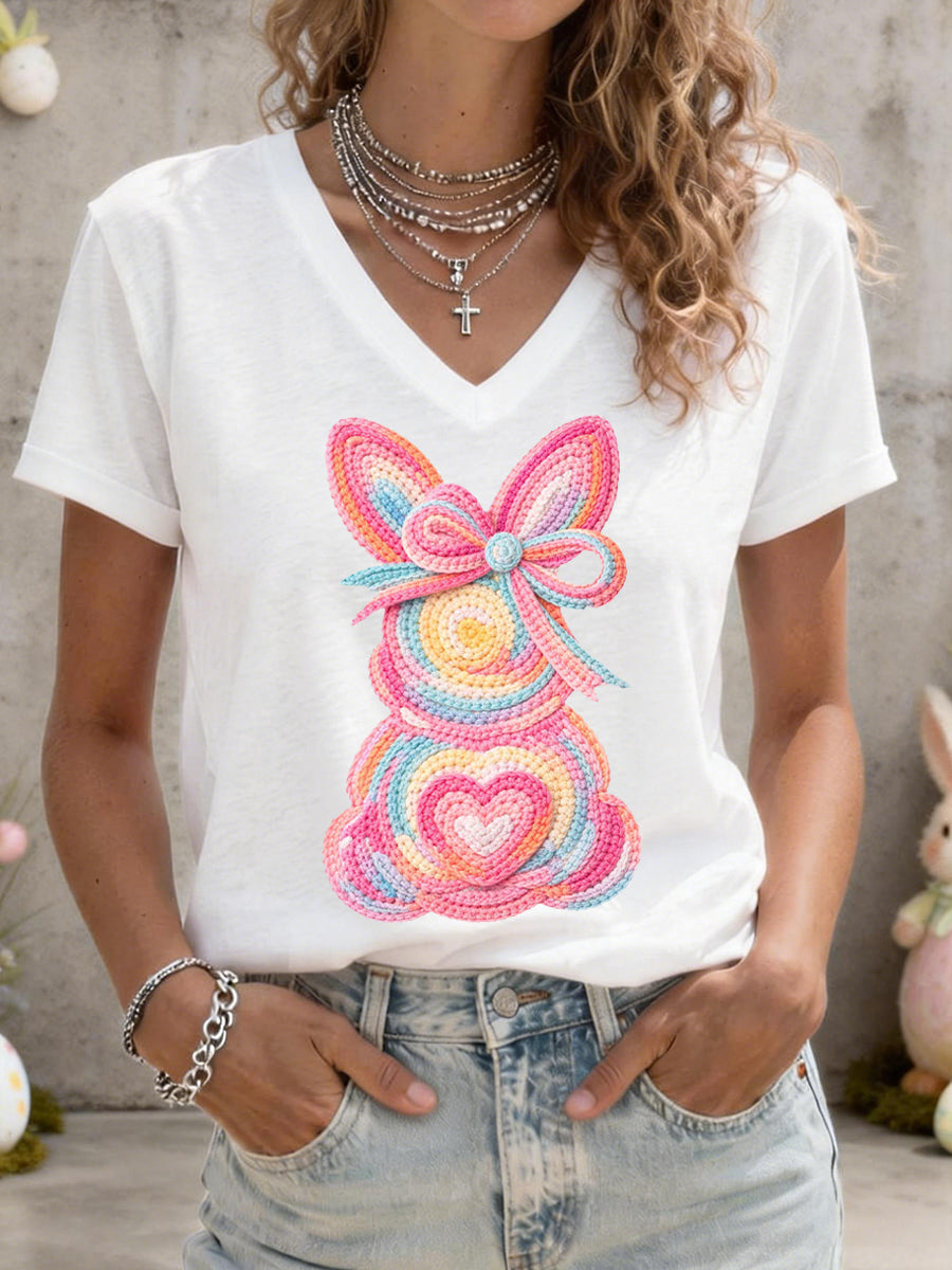 Women's Cute Bunny Pattern V-Neck T-Shirt