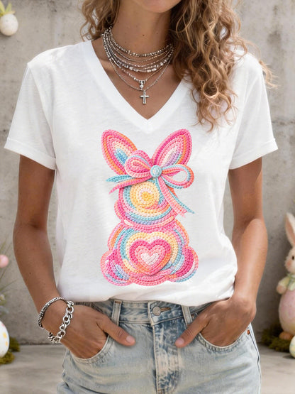 Women's Cute Bunny Pattern V-Neck T-Shirt