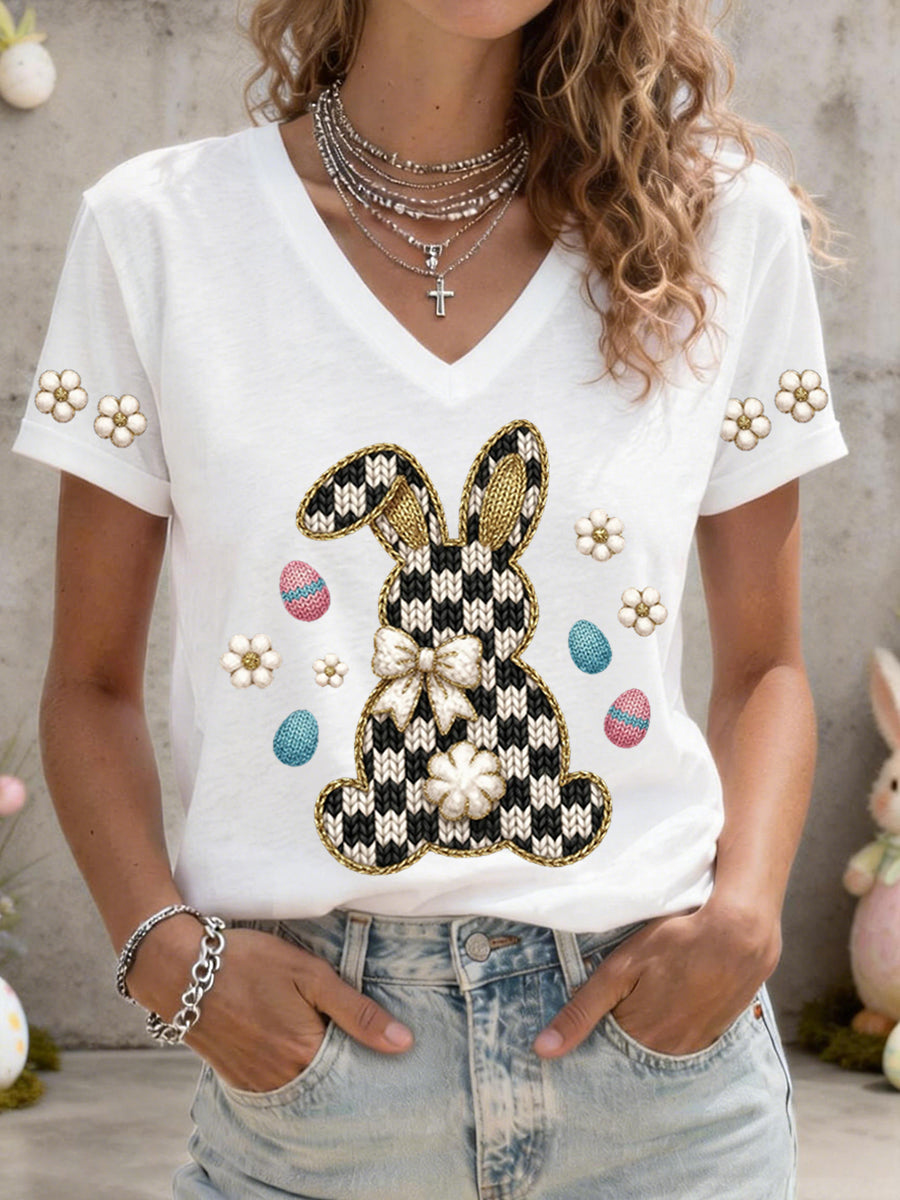 Women's Cute Bunny Pattern V-Neck T-Shirt