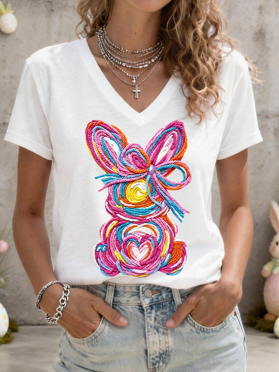 Women's Cute Bunny Pattern V-Neck T-Shirt