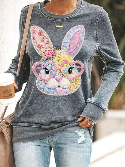Women's Easter Floral Bunny Patchwork Print Casual Sweatshirt