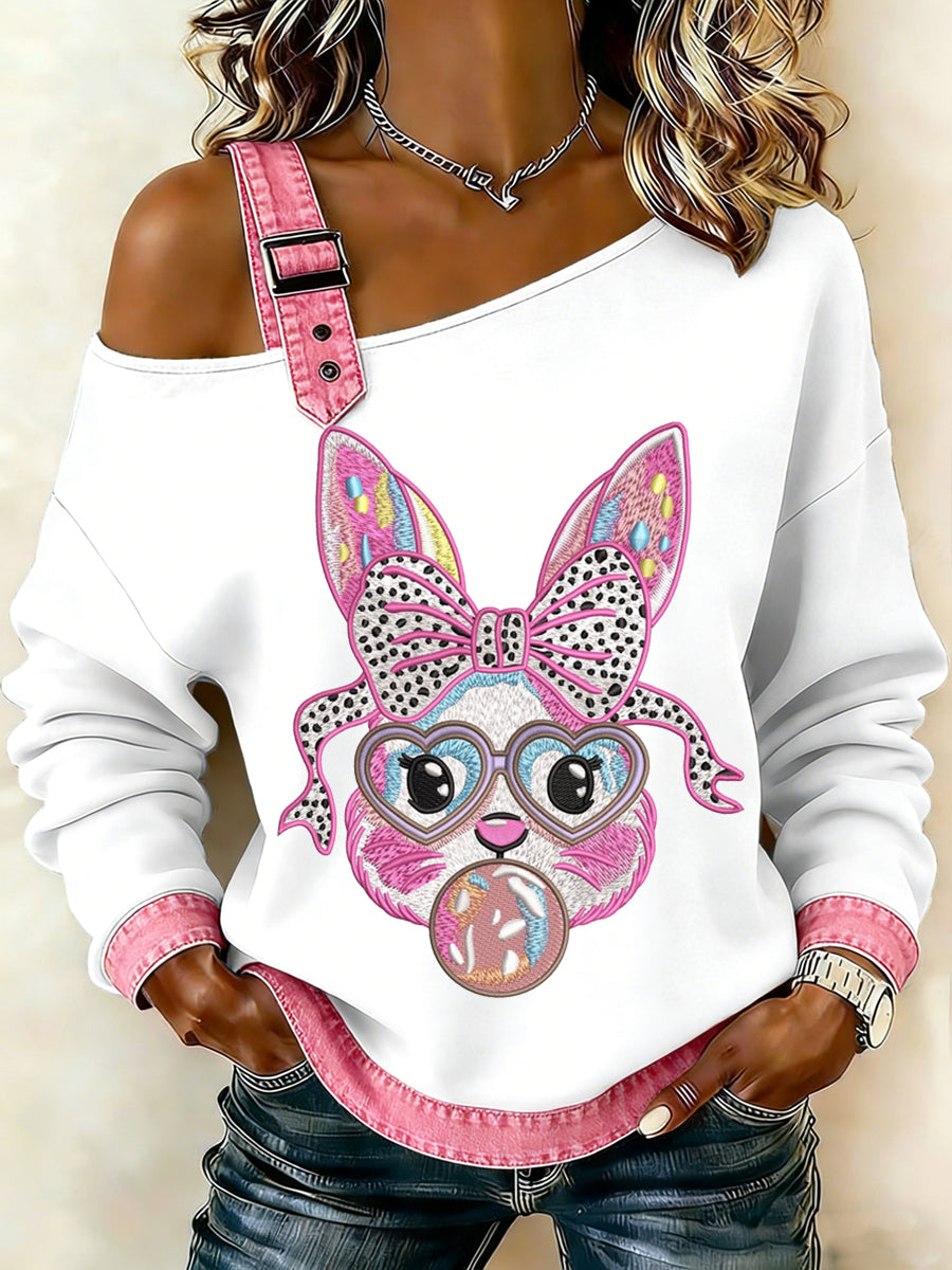 Women's Easter Bunny Animal Printed One Shoulder Suspender Casual Sweatshirt