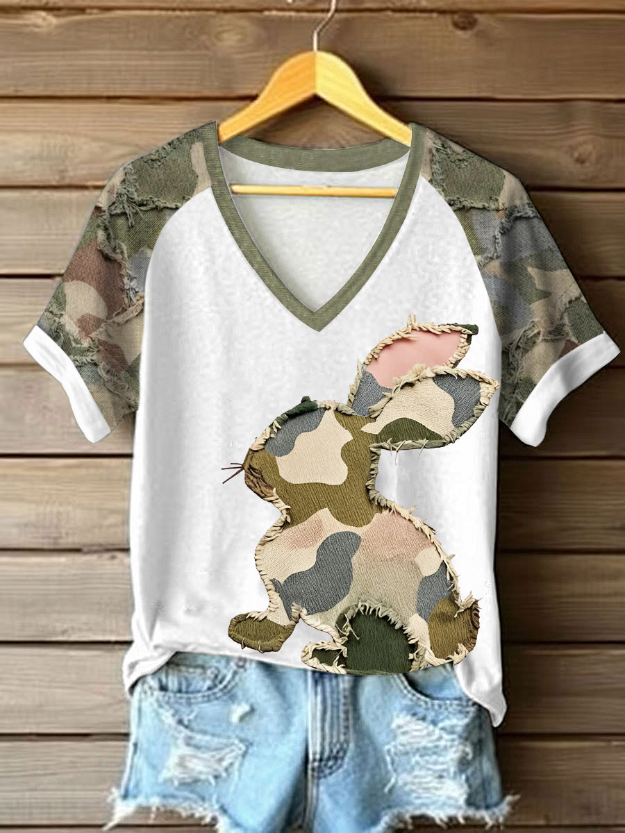 Women's Easter Camouflage Bunny Art V-neck off-shoulder Short SleeveT-shirt