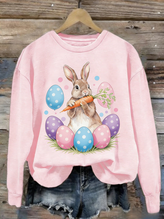 Women's Retro Cute Bunny Easter Casual Long-Sleeve Sweatshirt