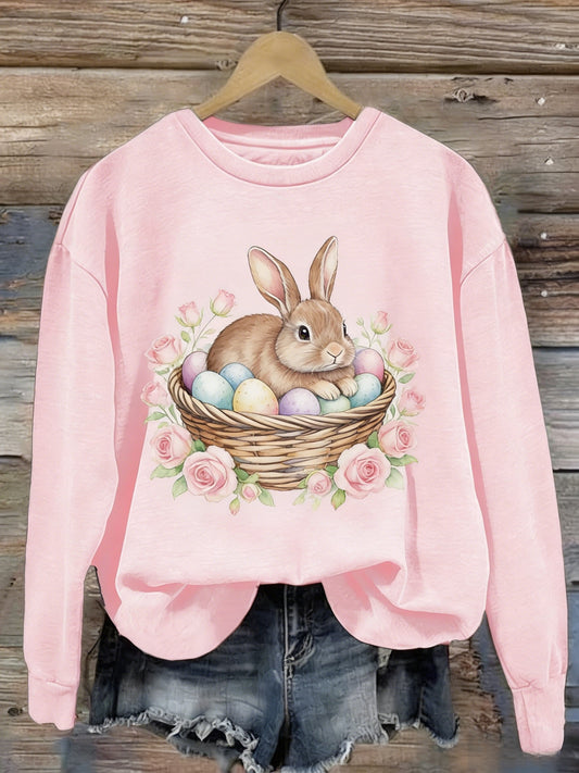 Women's Retro Cute Bunny Easter Casual Long-Sleeve Sweatshirt