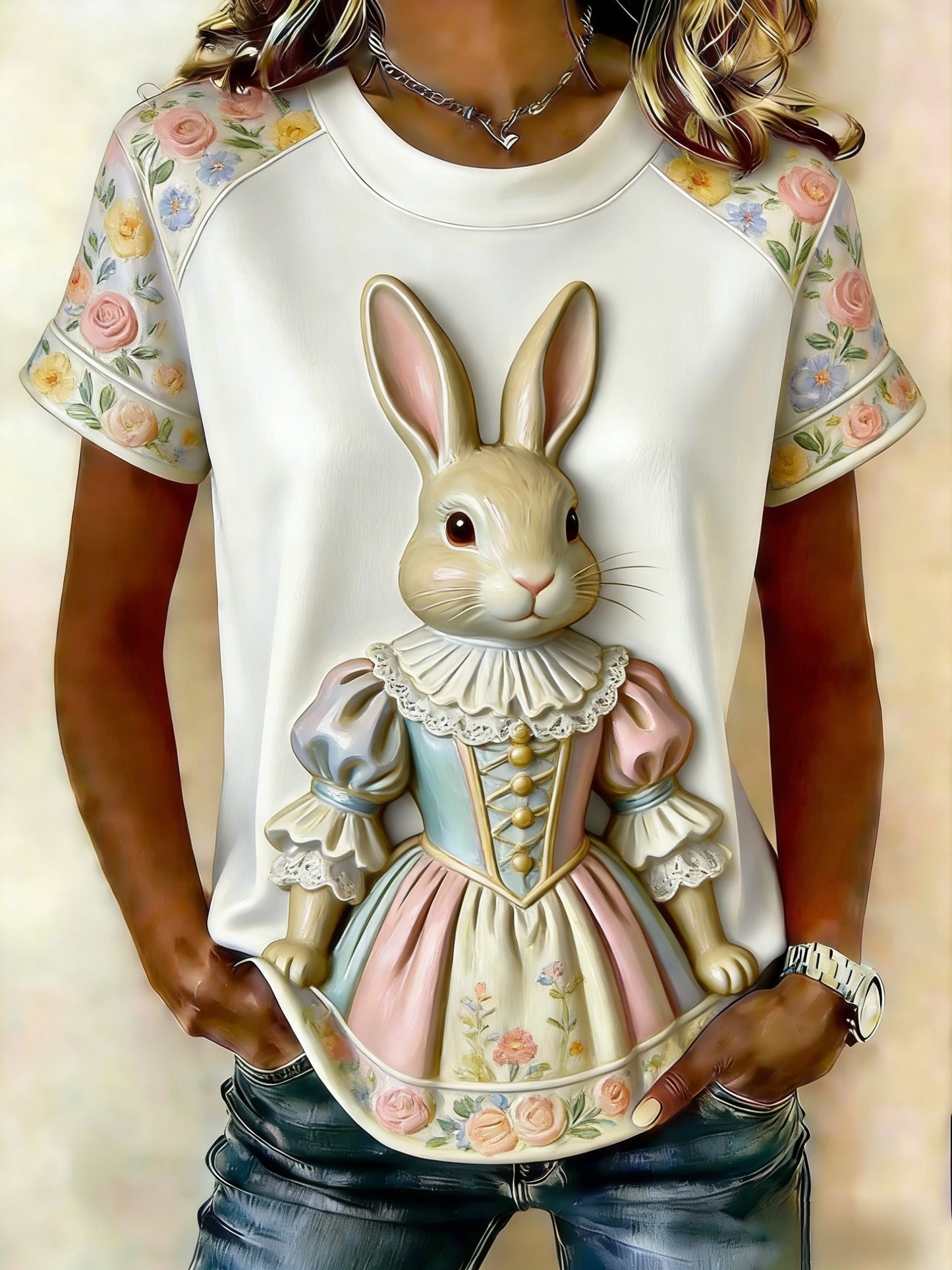 Women's Retro Cute Bunny Easter Casual Short-Sleeve T-Shirt