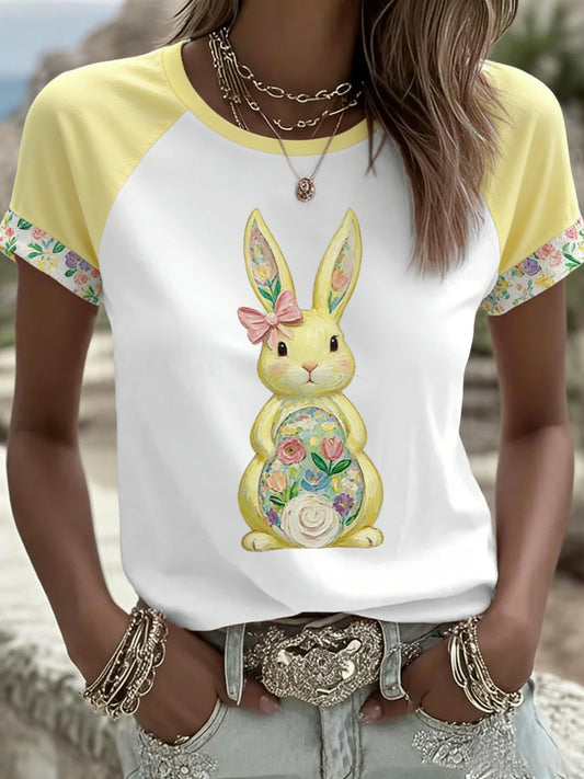 Women's Retro Cute Bunny Easter Casual Short-Sleeve T-Shirt