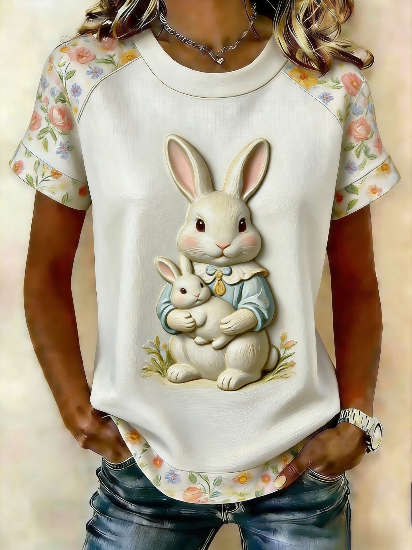 Women's Retro Cute Bunny Easter Casual Short-Sleeve T-Shirt