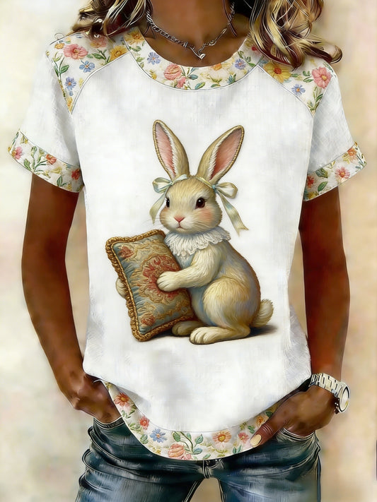 Women's Retro Cute Bunny Easter Casual Short-Sleeve T-Shirt