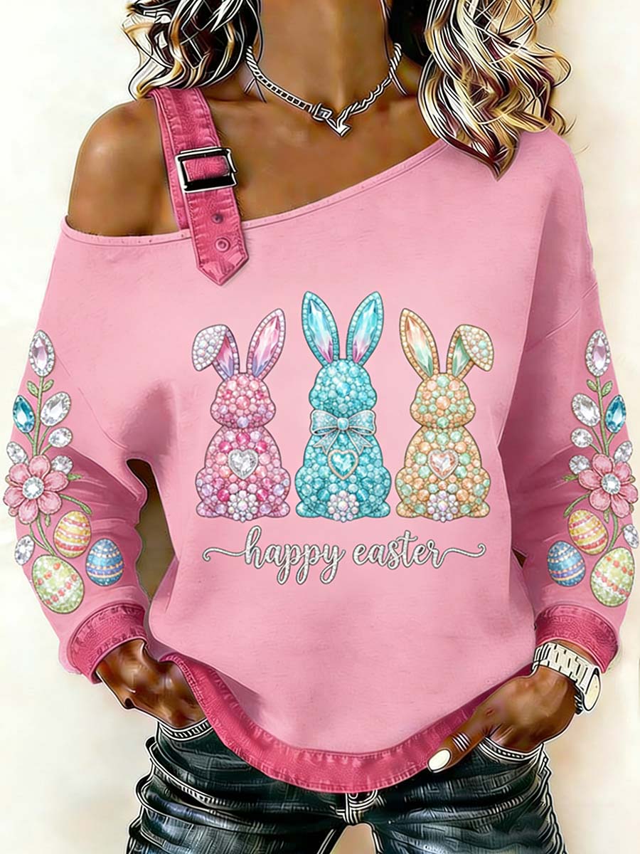 Women's Fantasy Easter Bunny Print Casual Off-Shoulder Sweatshirt