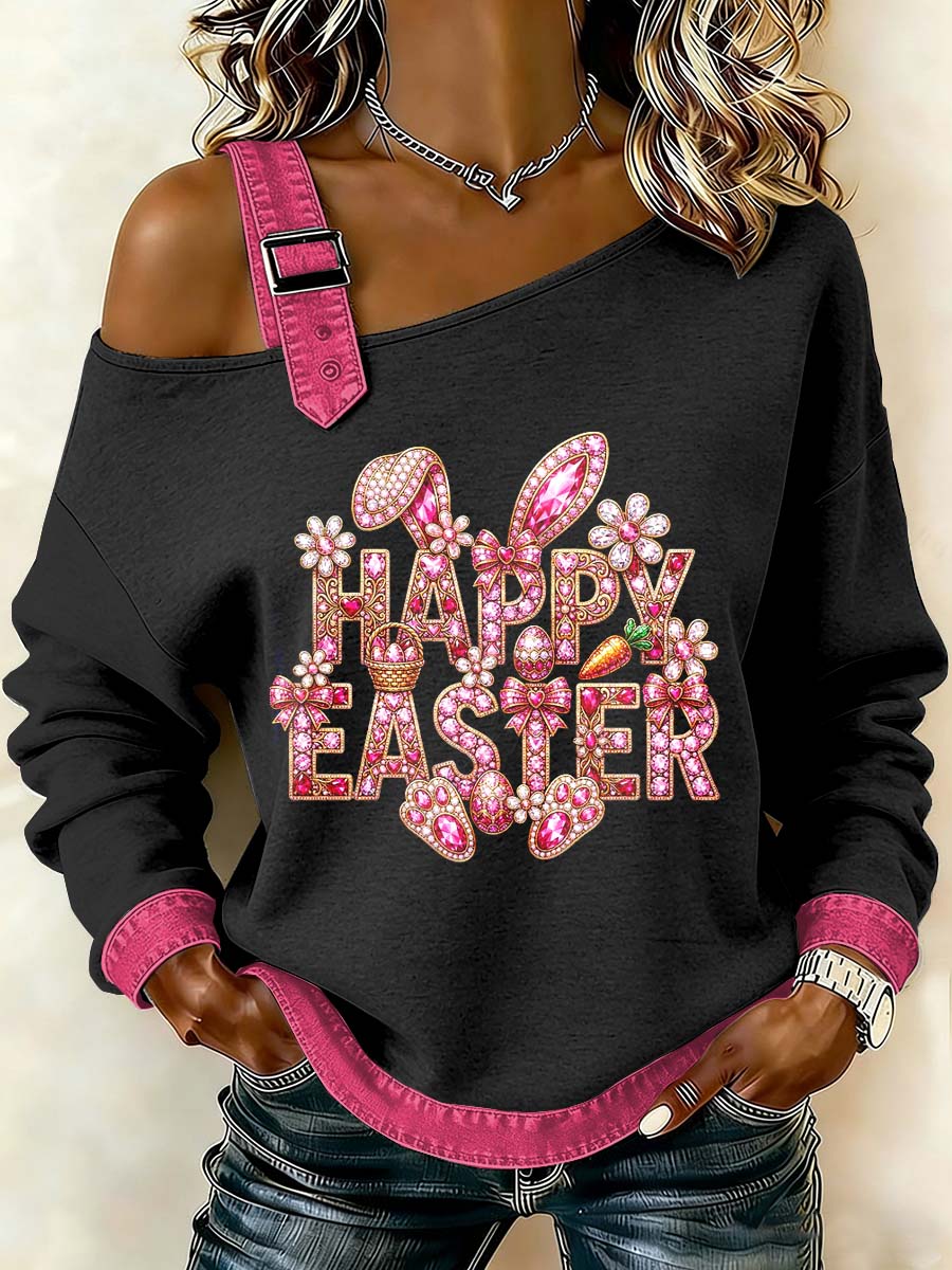 Women's Fantasy Easter Bunny Print Casual Off-Shoulder Sweatshirt