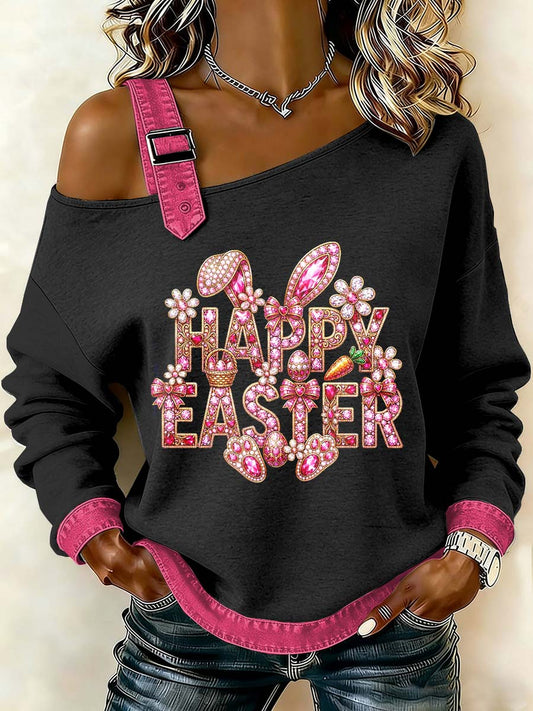 Women's Fantasy Easter Bunny Print Casual Off-Shoulder Sweatshirt