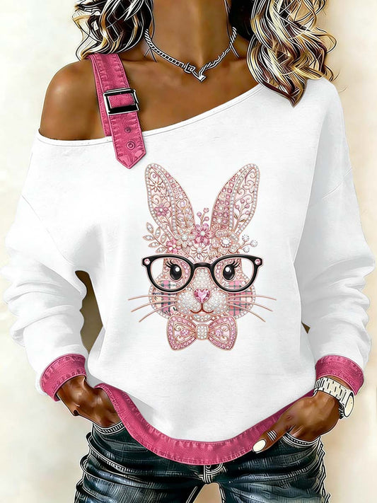 Women's Fantasy Easter Bunny Print Casual Off-Shoulder Sweatshirt