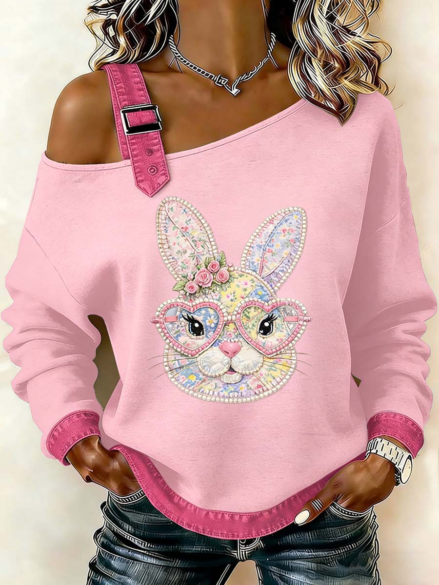 Women's Fantasy Easter Bunny Print Casual Off-Shoulder Sweatshirt