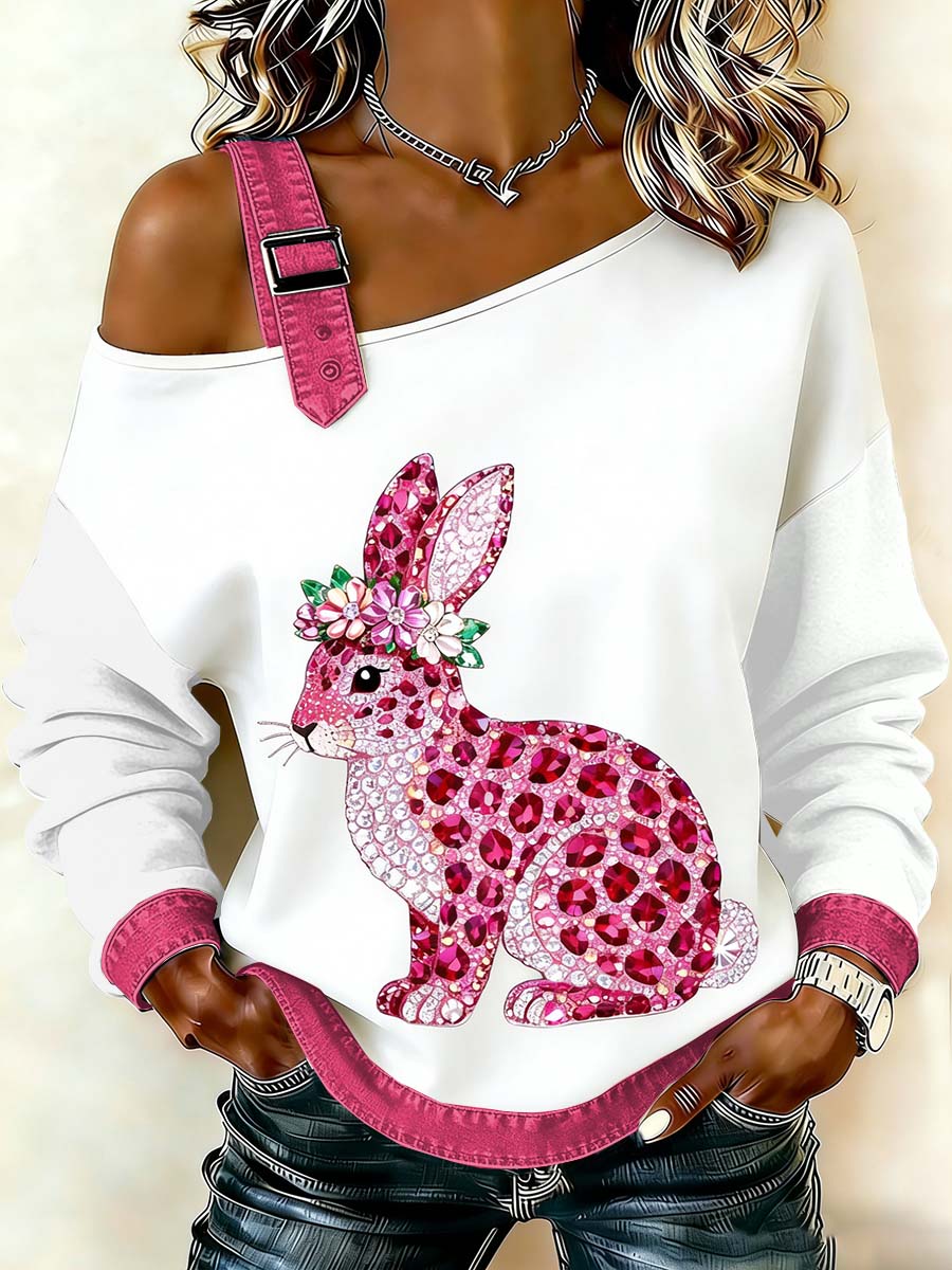 Women's Fantasy Easter Bunny Print Casual Off-Shoulder Sweatshirt