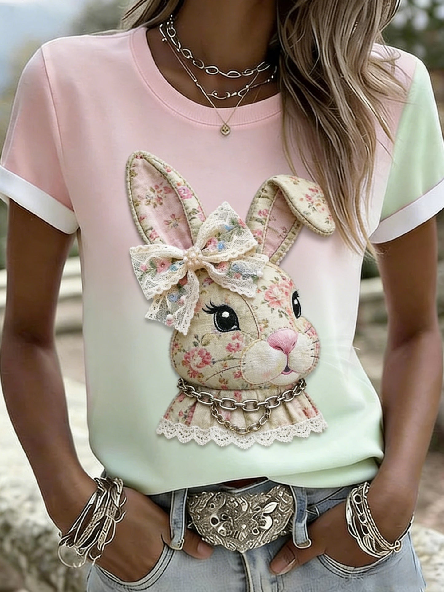 Women's Easter Floral Bunny Short-Sleeve T-Shirt
