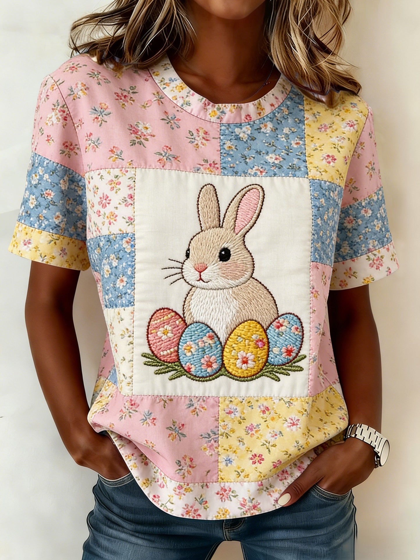 Women's Easter Floral Bunny Short-Sleeve T-Shirt