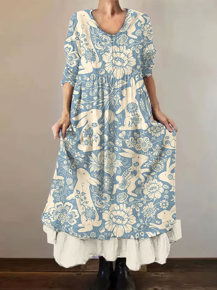Women's Easter Bunny Floral Print Double-layered Long Skirt