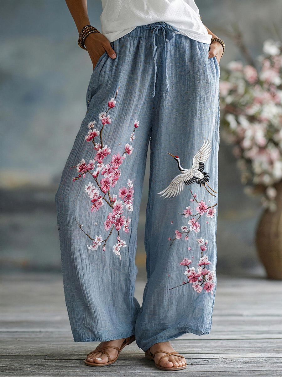Women's Floral Embroidery Pattern Linen Blend Pants
