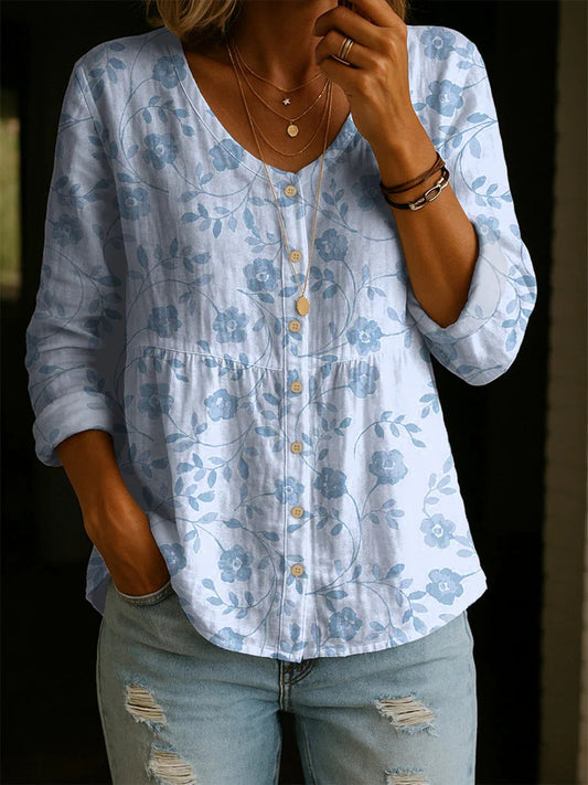 Women's Floral Pattern Art Print Casual Cotton Linen Shirt