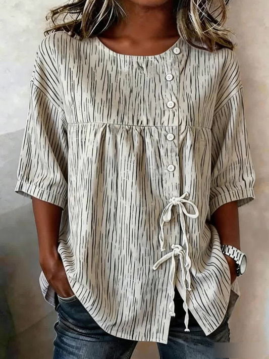Women's Stripe Plants And Flowers Buttoned And Laced Linen Blend Shirt