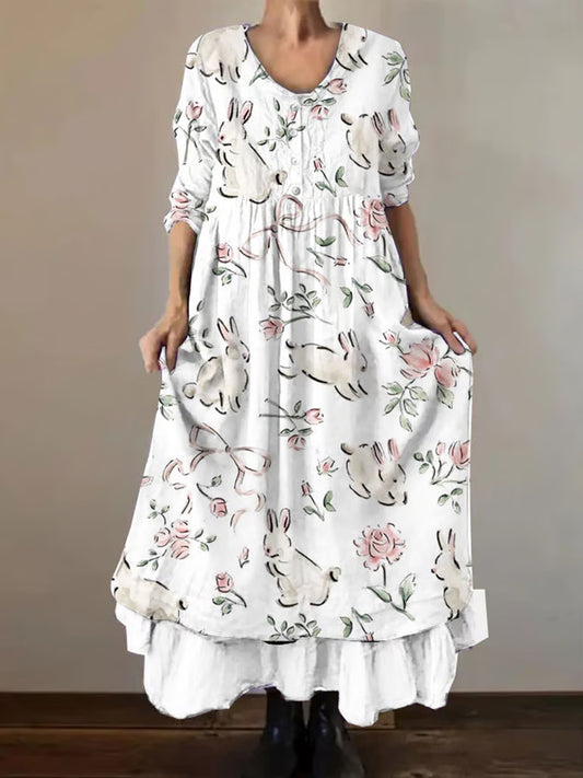 Women's Easter Bunny Floral Print Double-layered Long Skirt