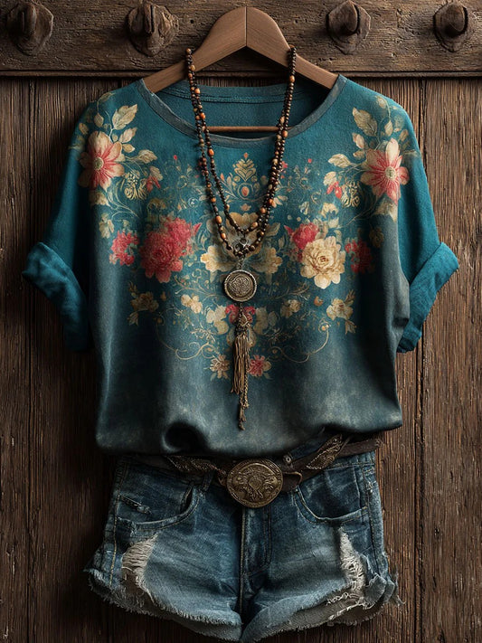 Women's Vintage Floral Art Print Casual Short Sleeve T-shirt