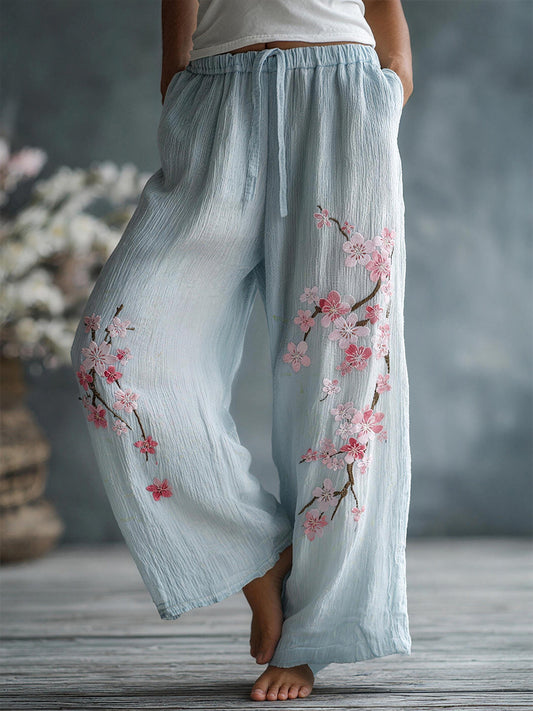 Women's Floral Embroidery Pattern Linen Blend Pants
