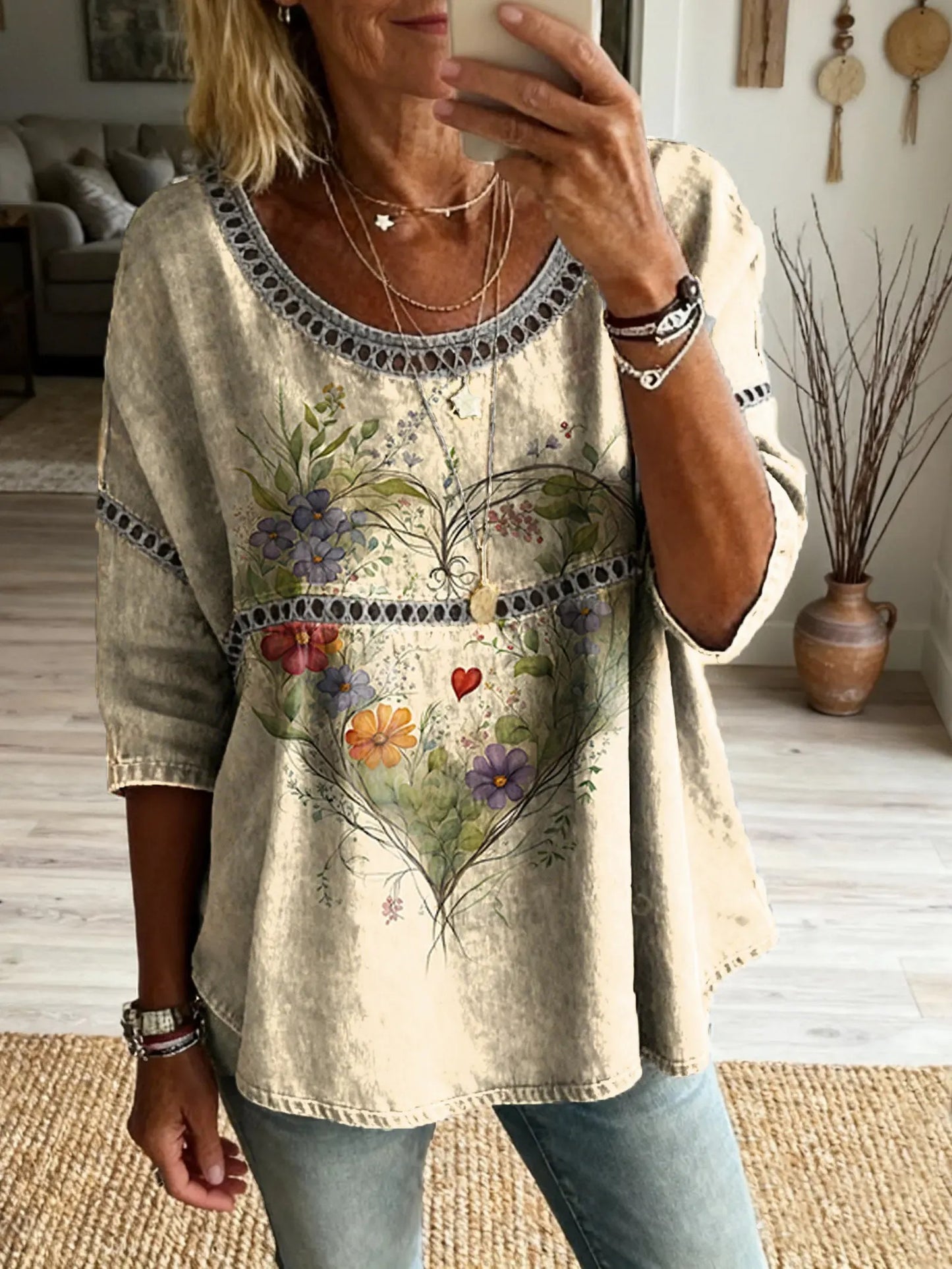 Women's Floral Pattern Art Print Casual Round Neck Lace-up Top