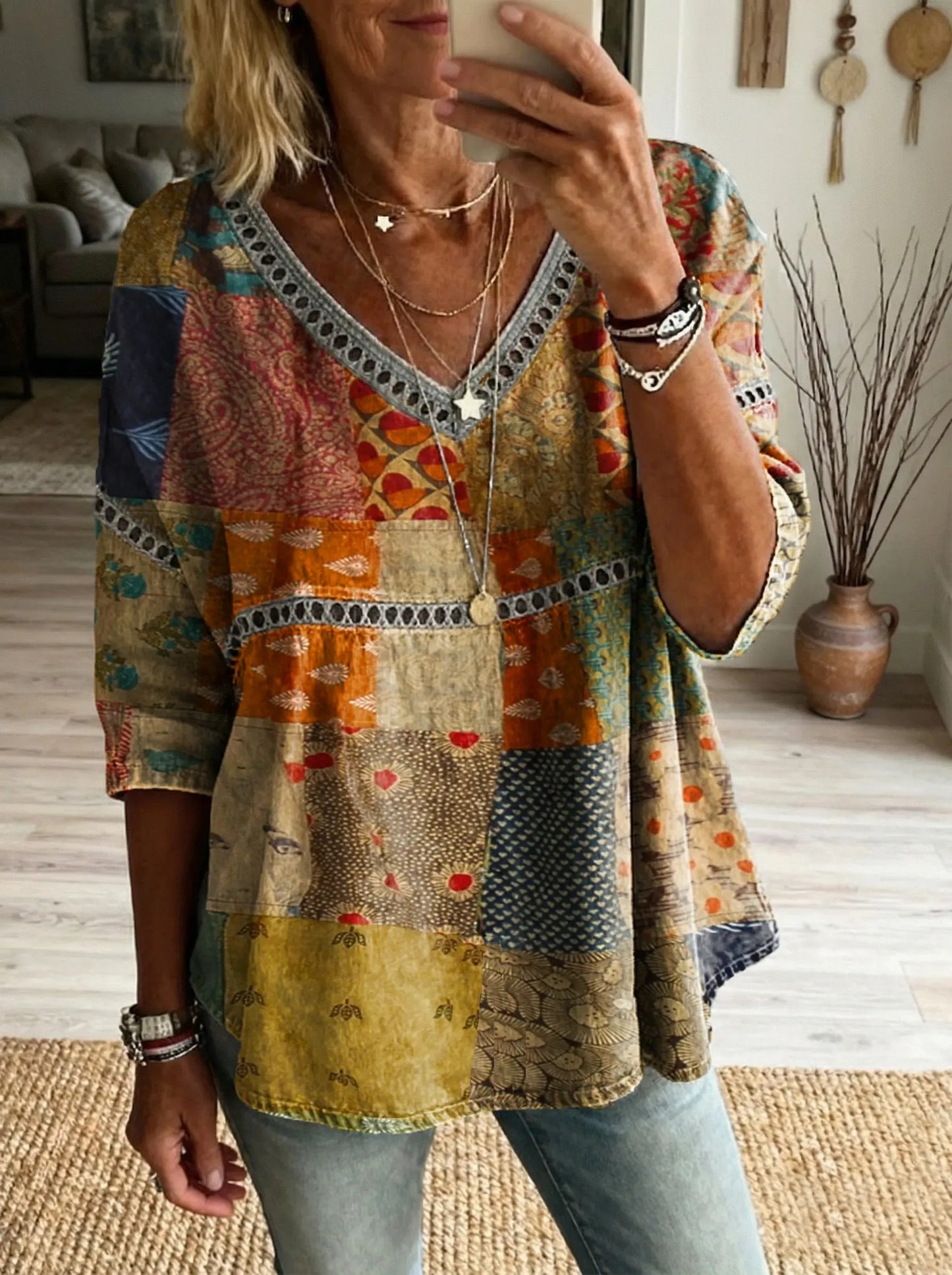 Women's Floral Pattern Art Print Casual V-neck Lace-up Top