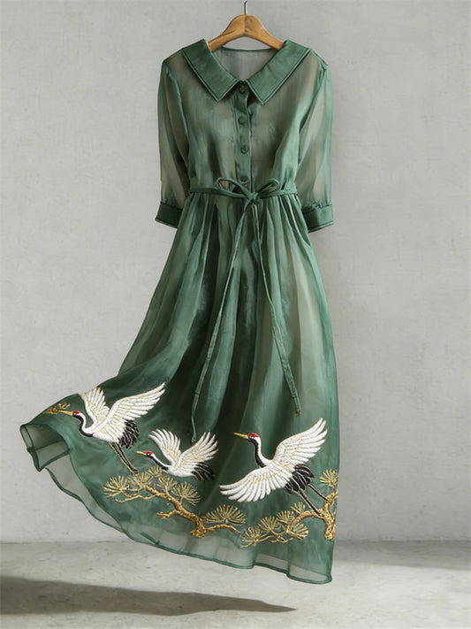 Women's Crane Embroidery Pattern Linen Blend Dress
