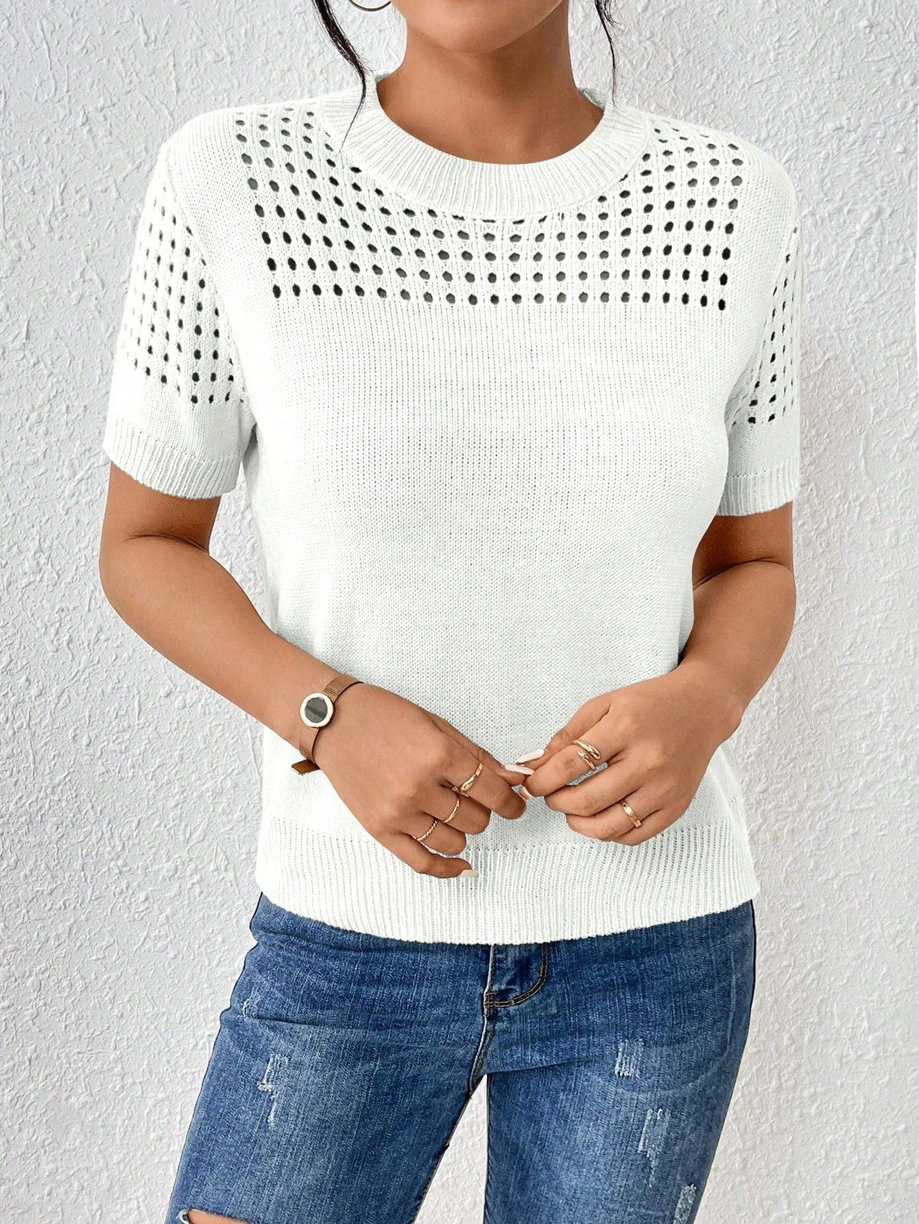 Women's Round-Neck Solid Color Short-Sleeved Knitted Top