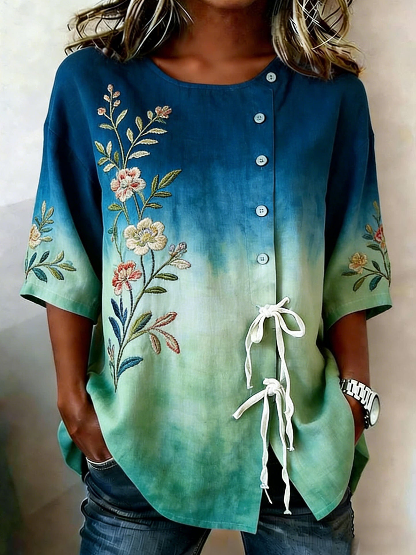 Women's Floral Buttoned Linen Blend Shirt