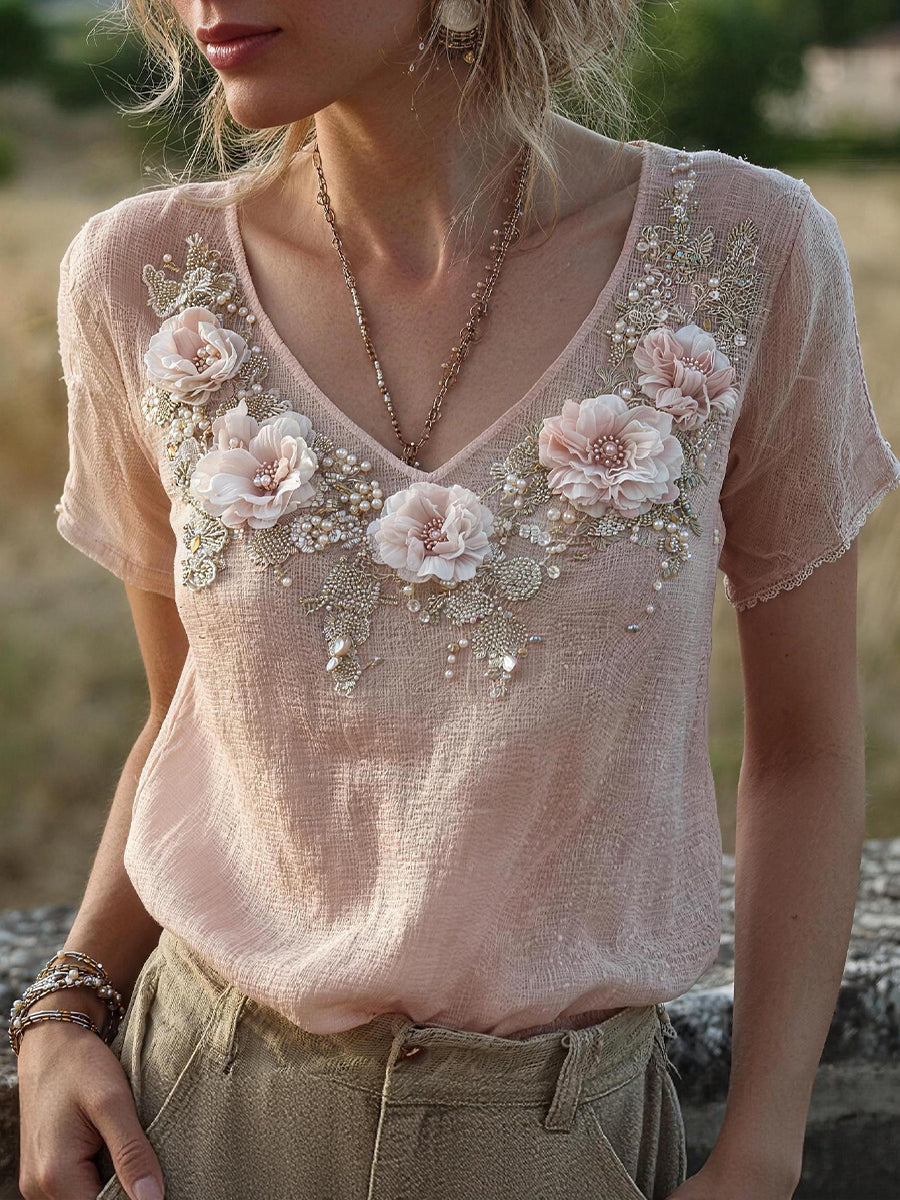 Women's Floral Embroidery Pattern Linen Blend Shirt