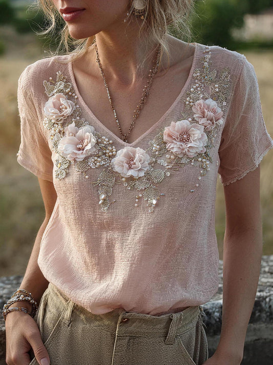 Women's Floral Embroidery Pattern Linen Blend Shirt