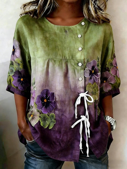 Women's Floral Buttoned Linen Blend Shirt