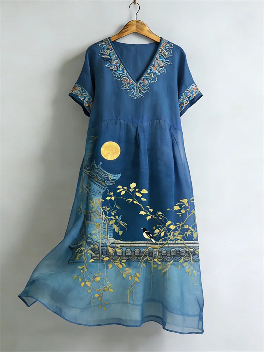 Women's Classy Japanese Landscape Art Linen Dress