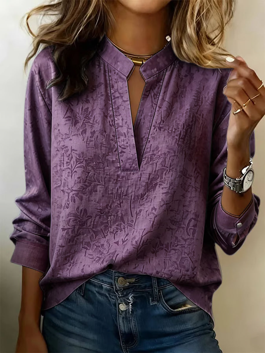 Women's Floral Pattern Linen Blend V-Neck Shirt