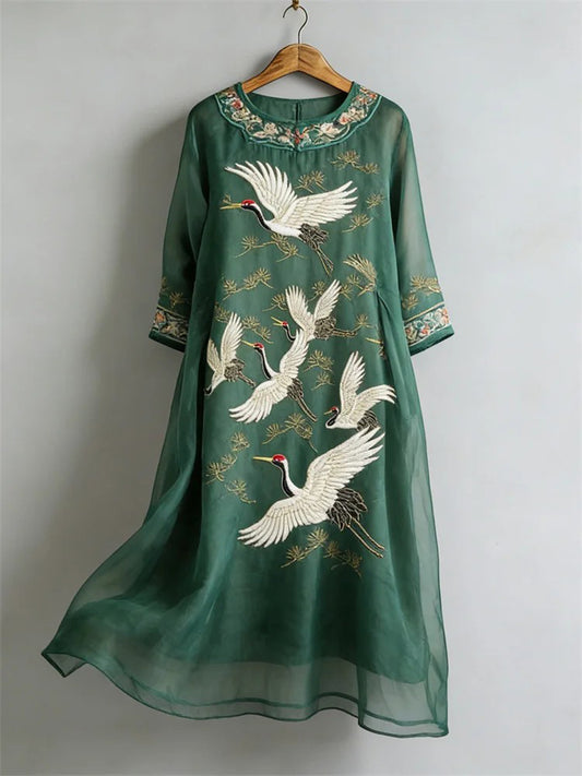 Women's Classy Japanese Landscape Art Linen Dress