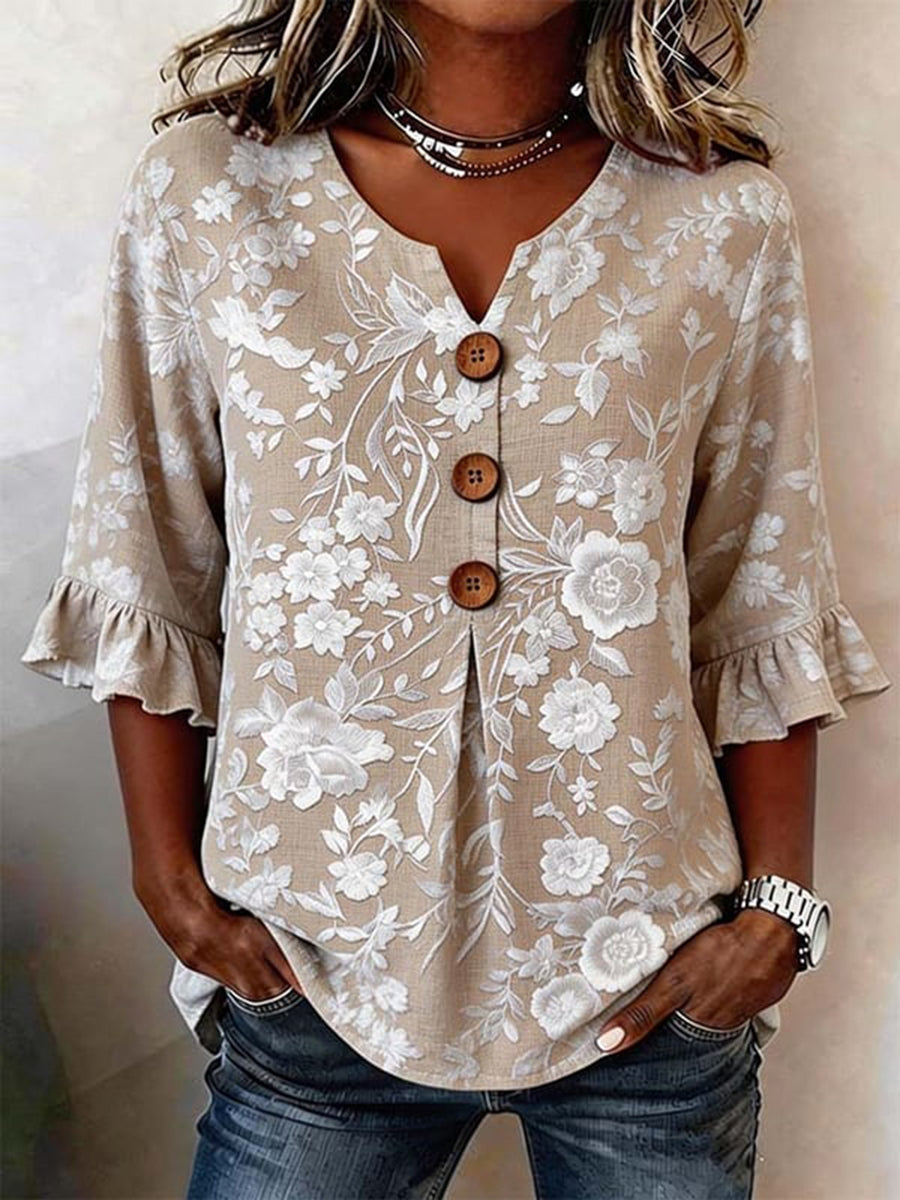 Women's Casual Floral Linen Shirt