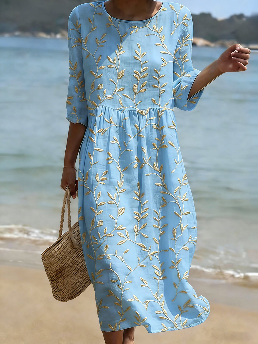 Women's Plant And Flower Print Round Neck  Linen Blend Mid-Length Dress