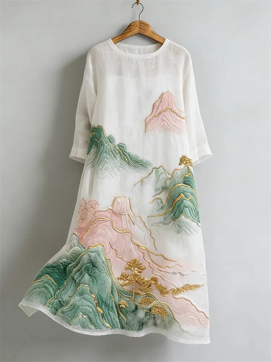 Women's Classy Japanese Landscape Art Linen Dress